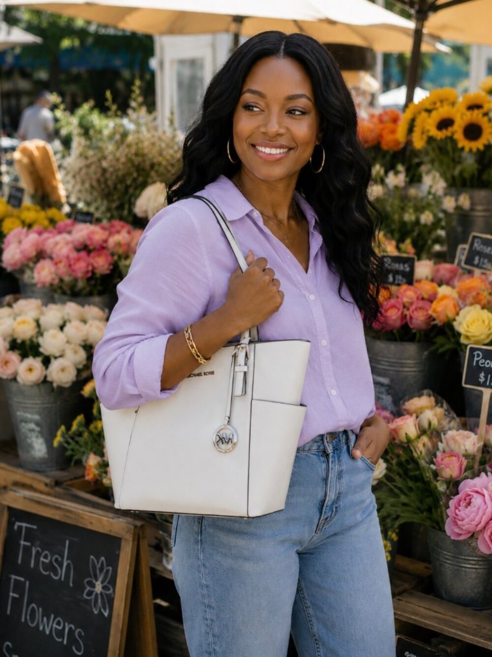 Michael Kors Large Charlotte Tote Bag / Purse - Optic White